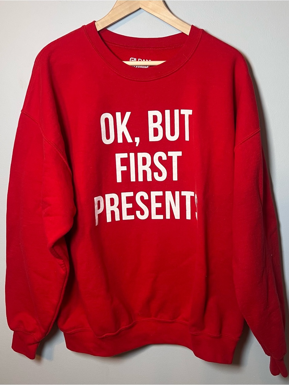 Vintage Christmas Crewneck Women’s XL Red Sweatshirt “Ok, but first Presents”